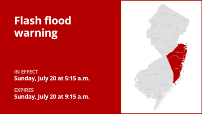 Flash flood warning issued for Monmouth and Ocean counties until Sunday morning due to thunderstorms