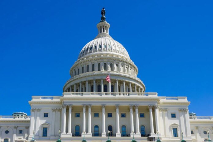 The U.S. Capitol Building, home of Congress, facing west at the eastern end of the National Mall in Washington, D.C.